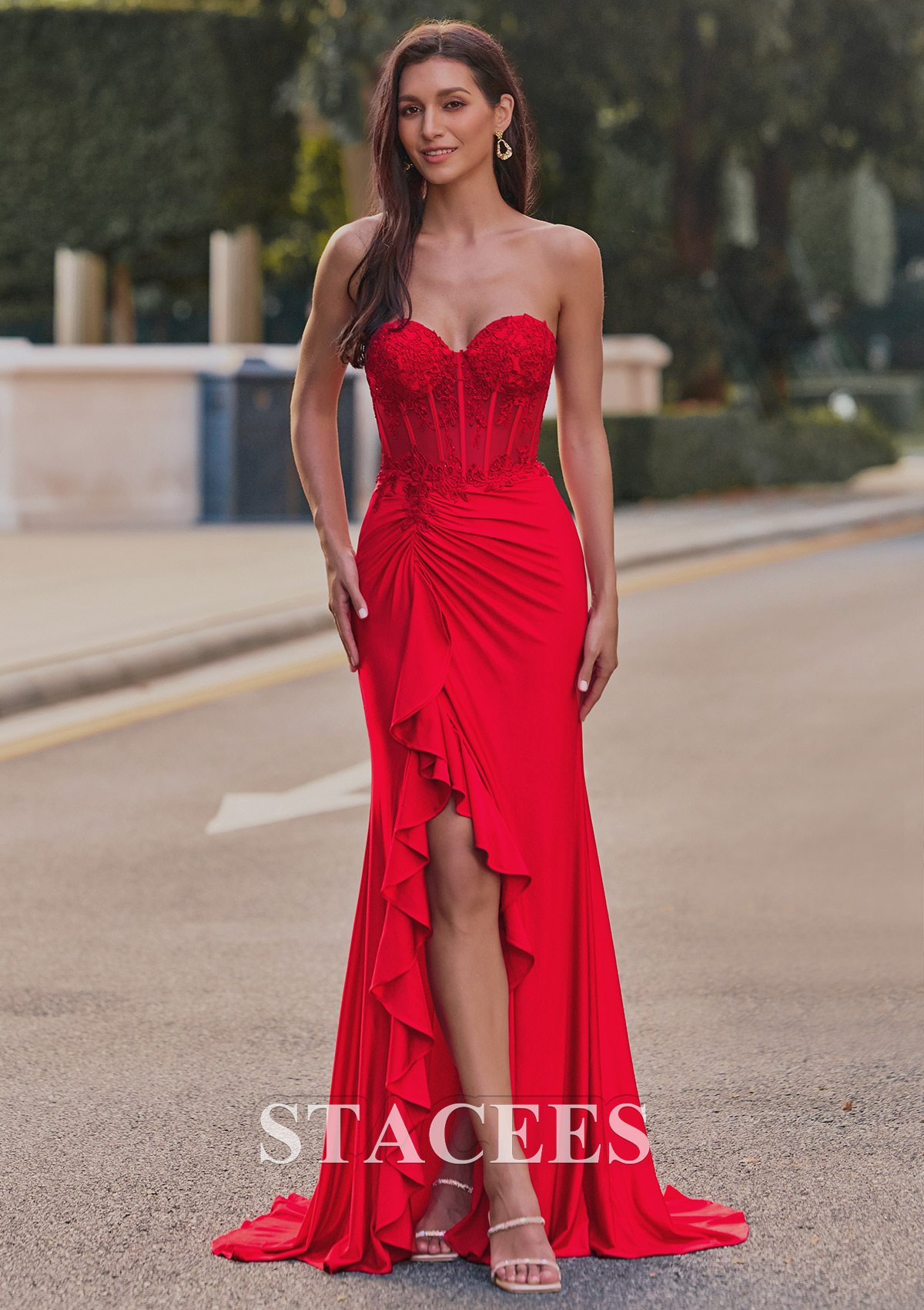 Rouge Trumpette/Sirène cache coeur jersey traîne balayage robe de bal avec appliqué volants fendue - STACEES