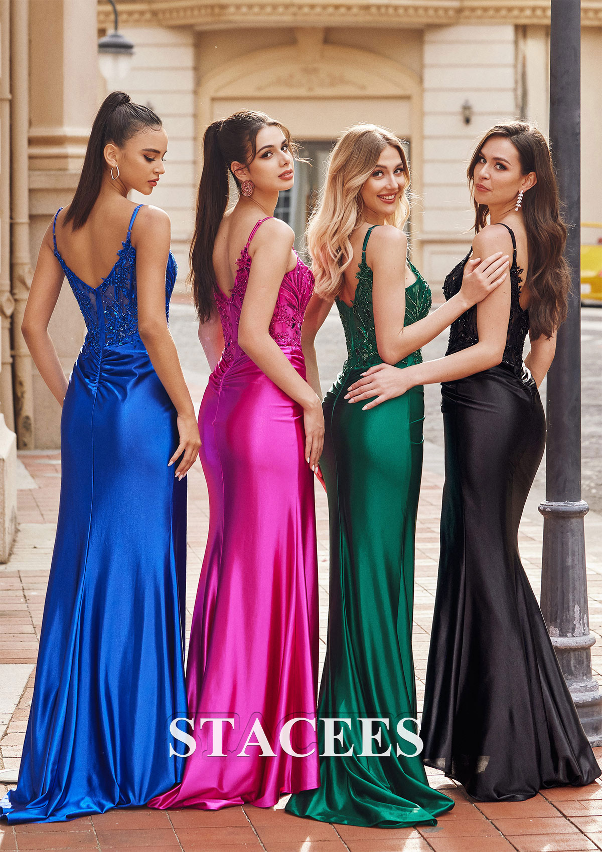 Fuchsia Trumpet/Mermaid V Neck Sleeveless Sweep Train Silk like Satin Prom Dress with Appliqued Beading Sequins Split - STACEES