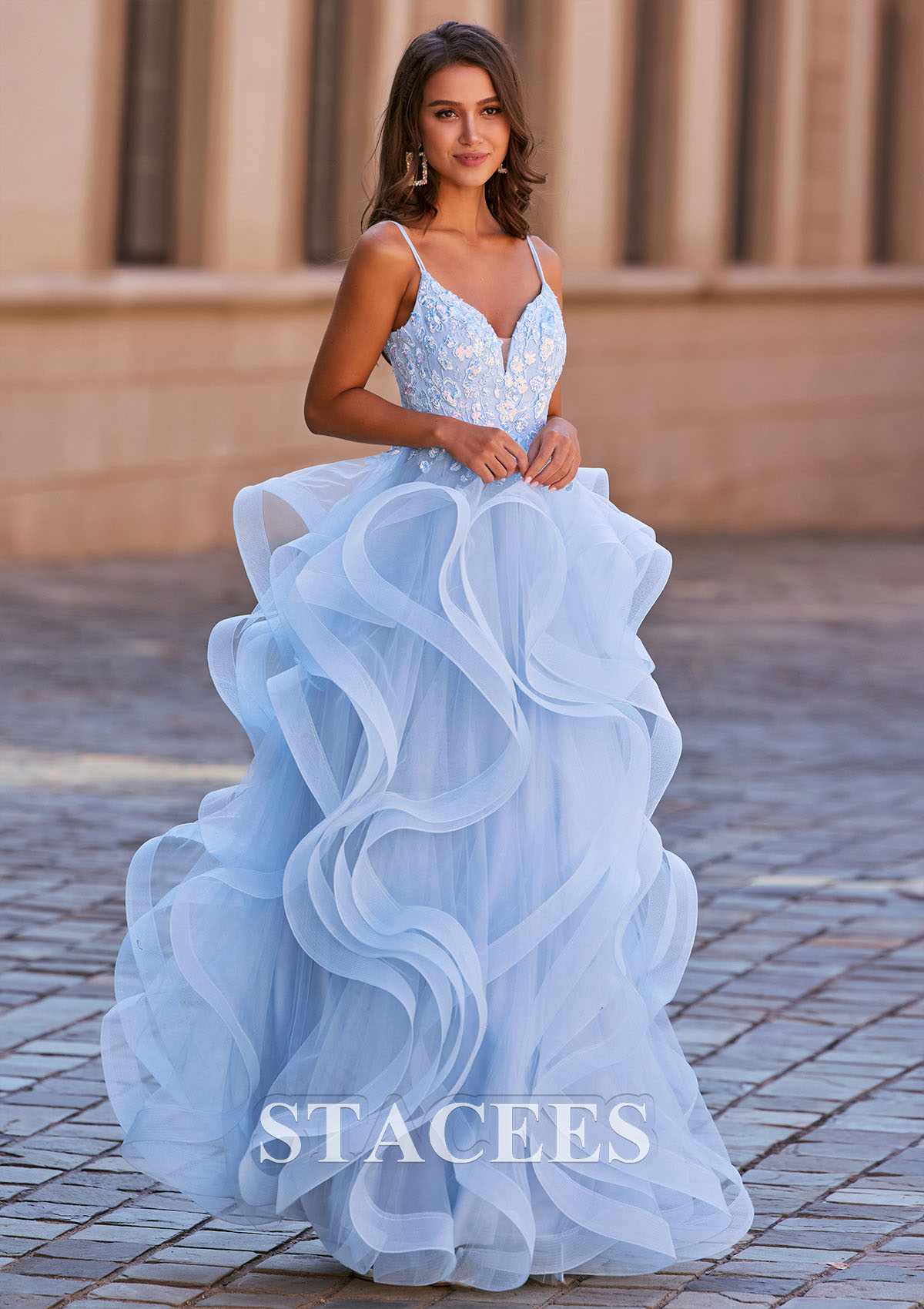 Sky Blue A-line Princess V Neck Tulle Floor-Length Prom Dress with Appliqued Ruffles Sequins - STACEES