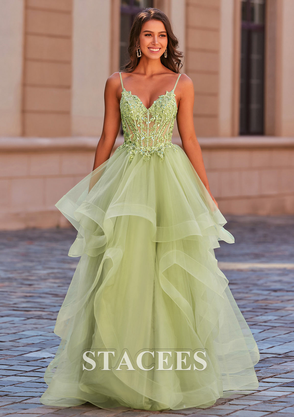 a line prom dress tulle A-line Princess V Neck Floor-Length with Appliqued Beading Ruffles Sequins S8445P - Prom Dresses MDS_2026 Embellished Cowl Neck A-line Color:Light Blue (SkyBlue)