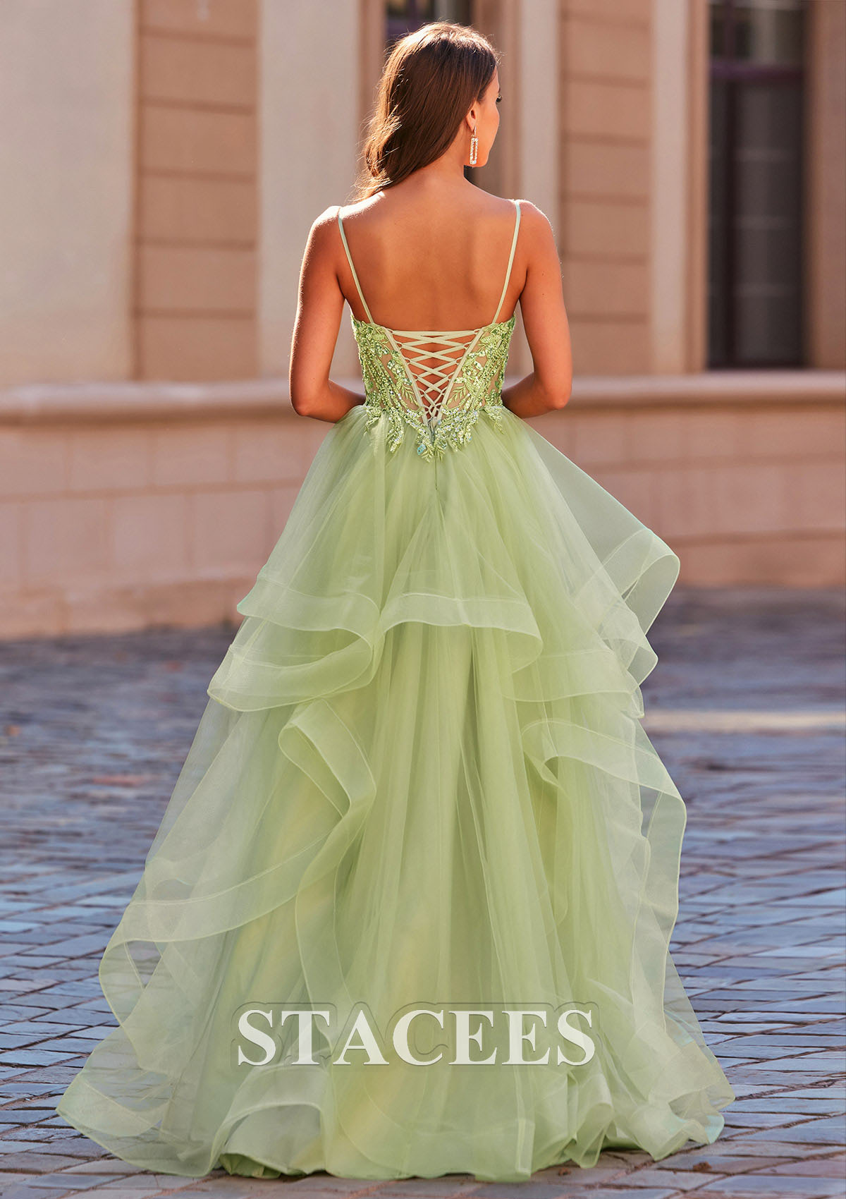 Sage A-line Princess V Neck Tulle Floor-Length Prom Dress with Appliqued Beading Ruffles Sequins - STACEES