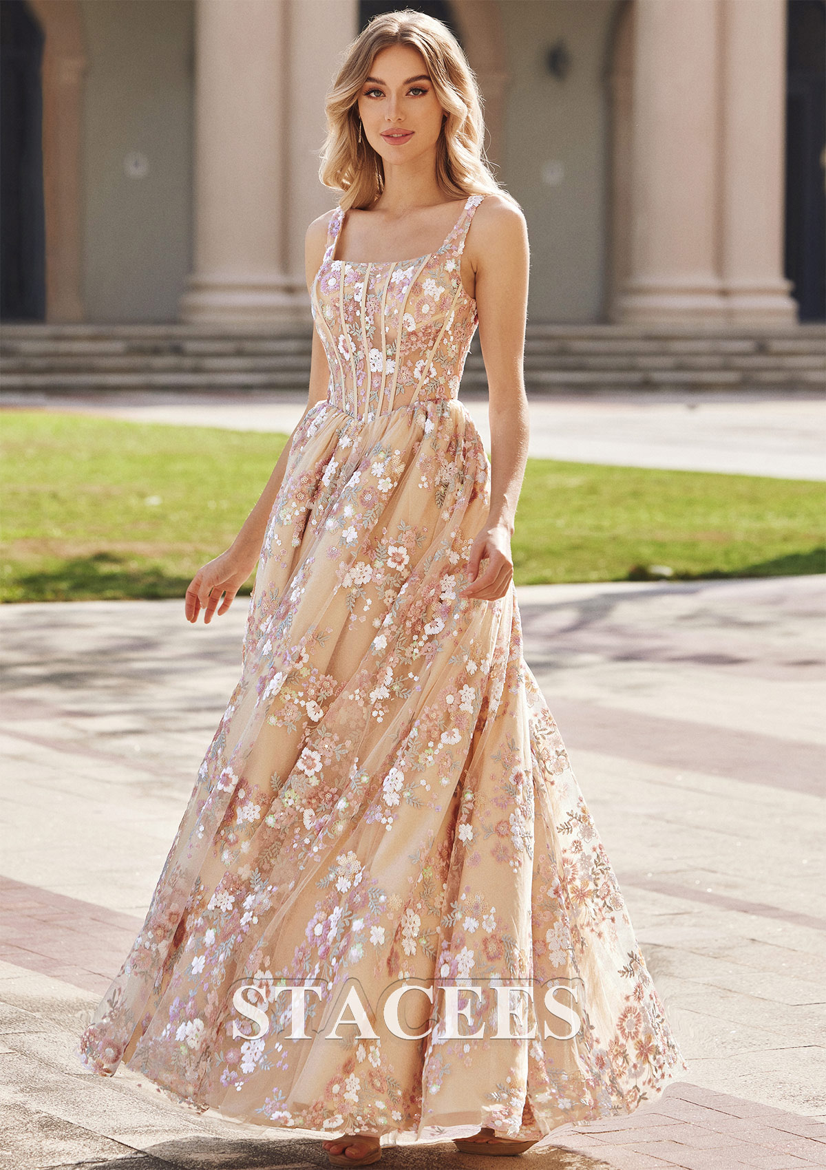 Stacees Prom Dress A-line Square Neckline Tulle Sequins