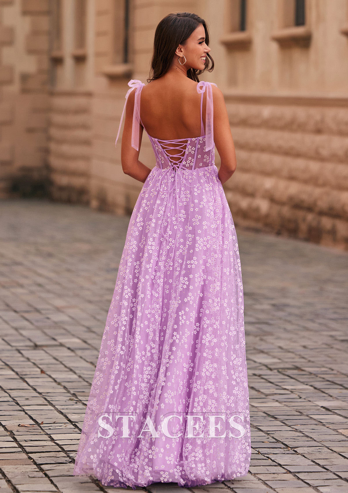 Lilac A-line Floral Printed Sheer Corset Slit Long Prom Dress With Adjustable Straps - STACEES