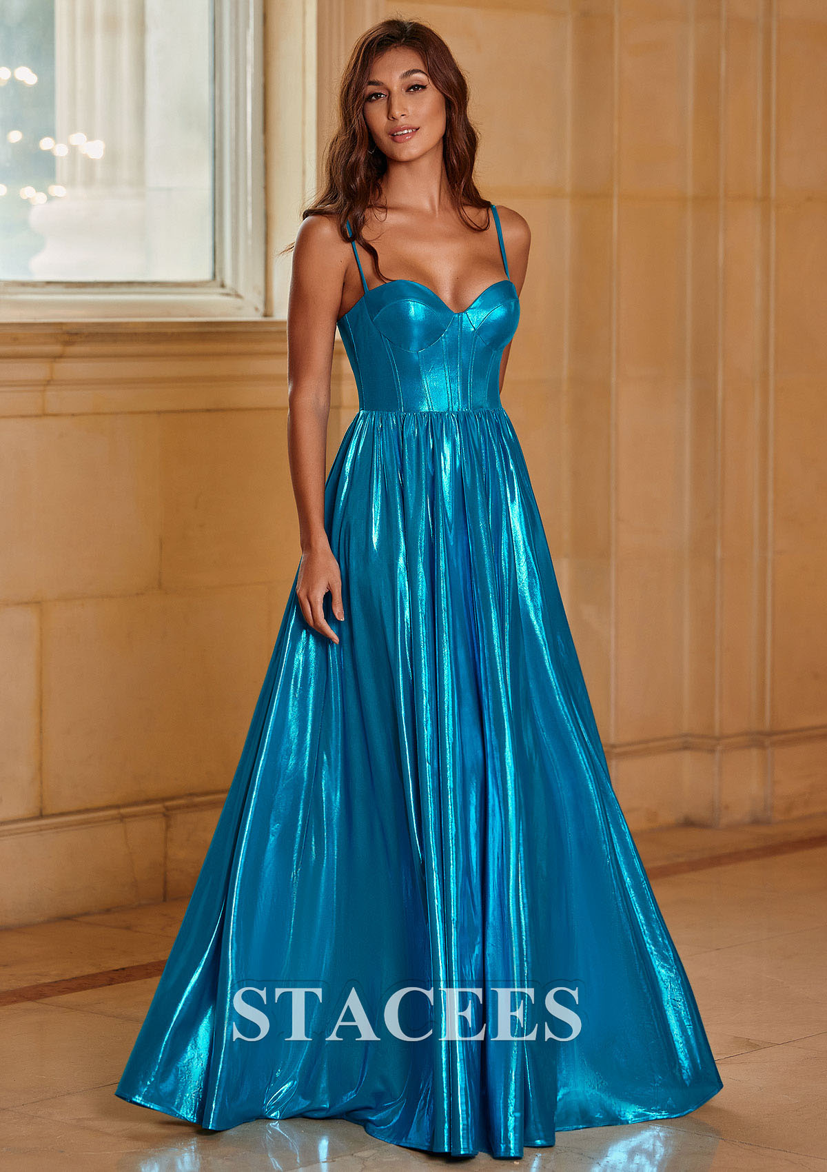 Blue A-line Sweetheart Metallic Long Pleated Prom Dress - STACEES