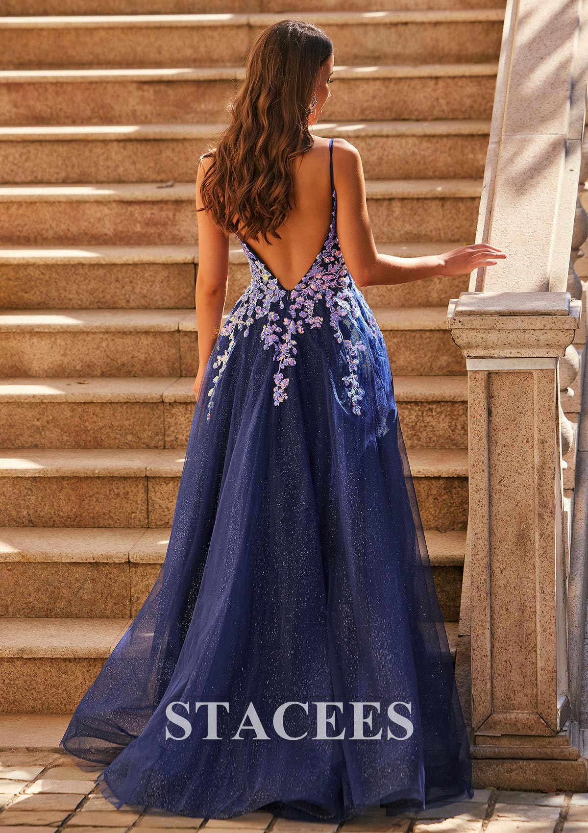 Dark Navy A-line V Neck Sweep Train Glittery Tulle Leaf Sequins Prom Dress - STACEES