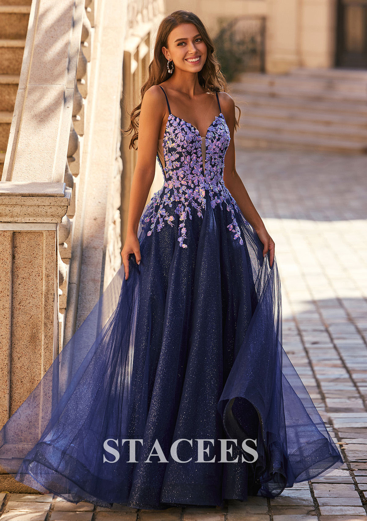 Dark Navy A-line V Neck Sweep Train Glittery Tulle Leaf Sequins Prom Dress - STACEES