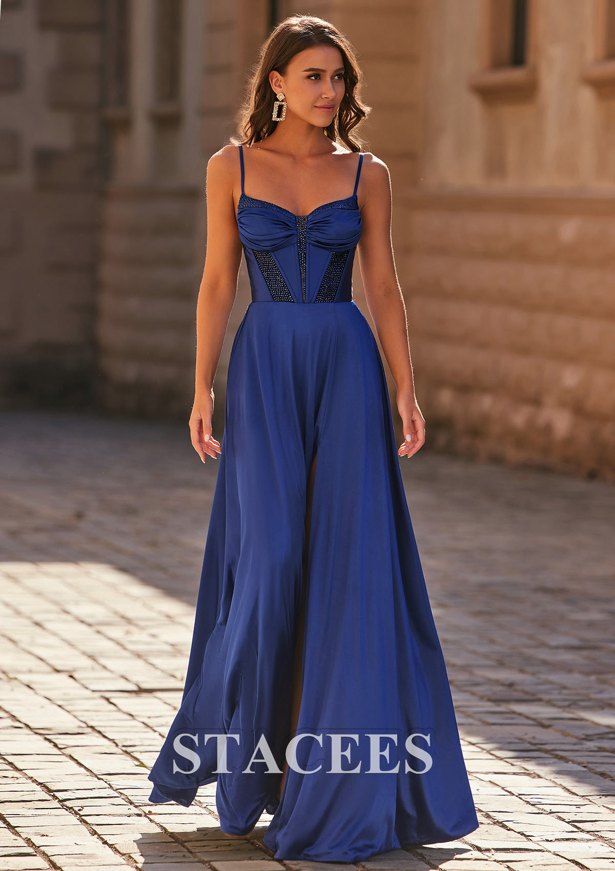 Navy Blue A-line V Neck Silk like Satin Sweep Train Prom Dress with Beading Pleated Split - STACEES