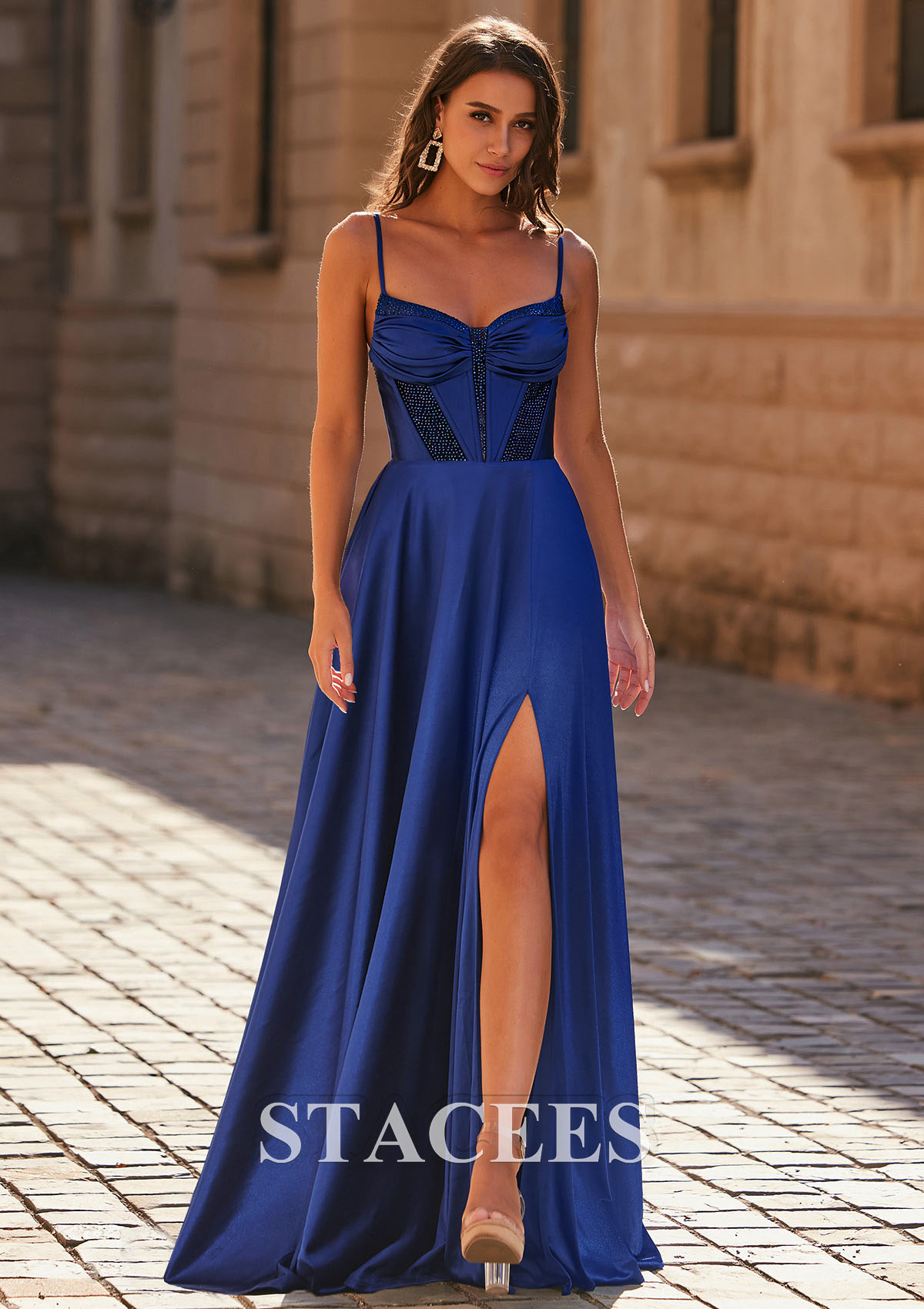 Navy Blue A-line V Neck Silk like Satin Sweep Train Prom Dress with Beading Pleated Split - STACEES