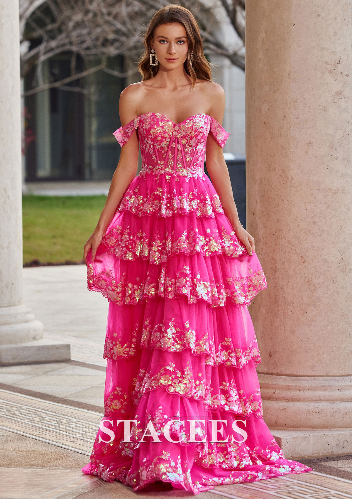 Fuchsia A-line Princess Off-the-Shoulder Sweep Train Tulle Prom Dress with Ruffles Sequins - STACEES