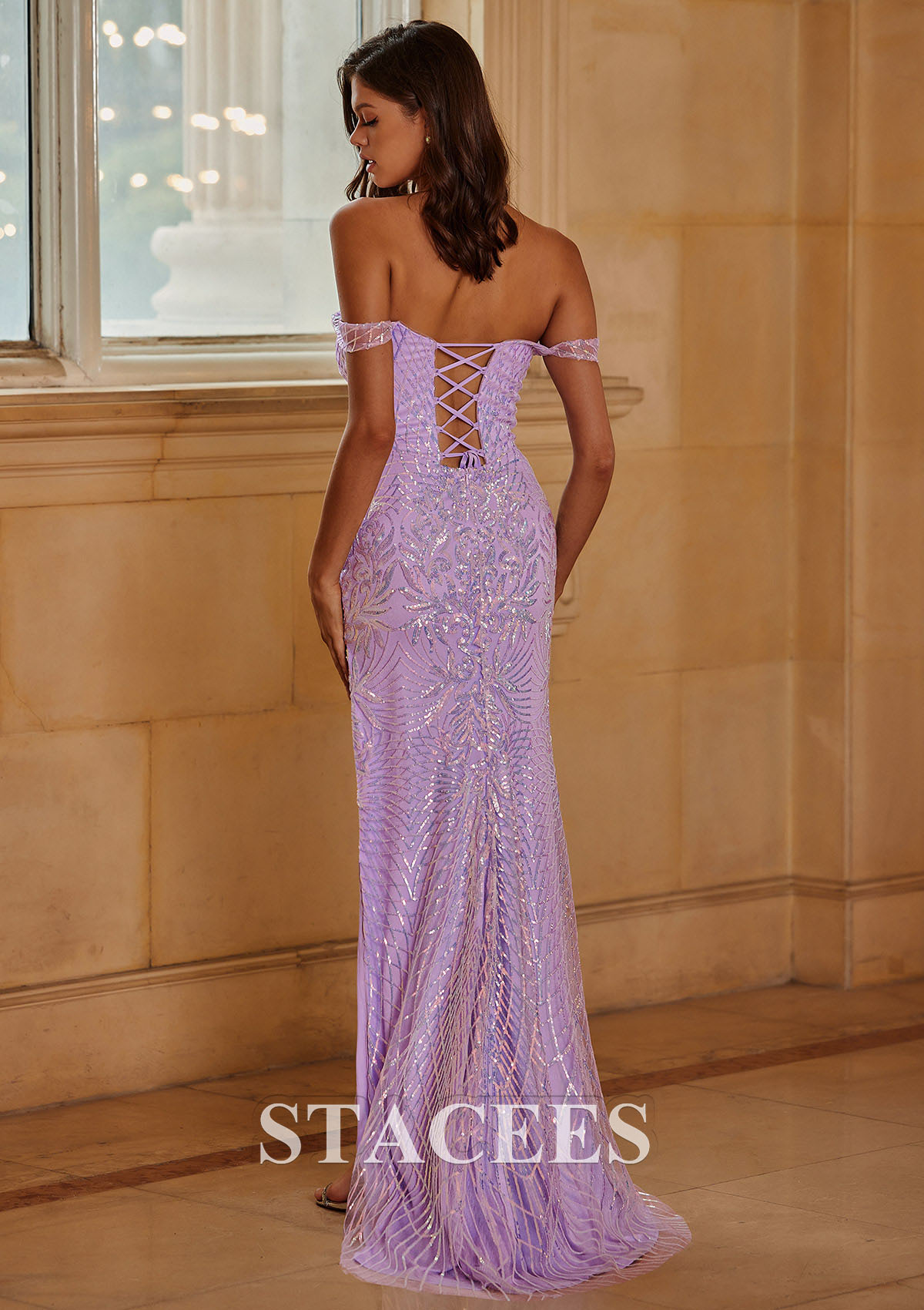 Lilac Sheath/Column Off-the-Shoulder Sequined Floor-Length Prom Dress with Split - STACEES
