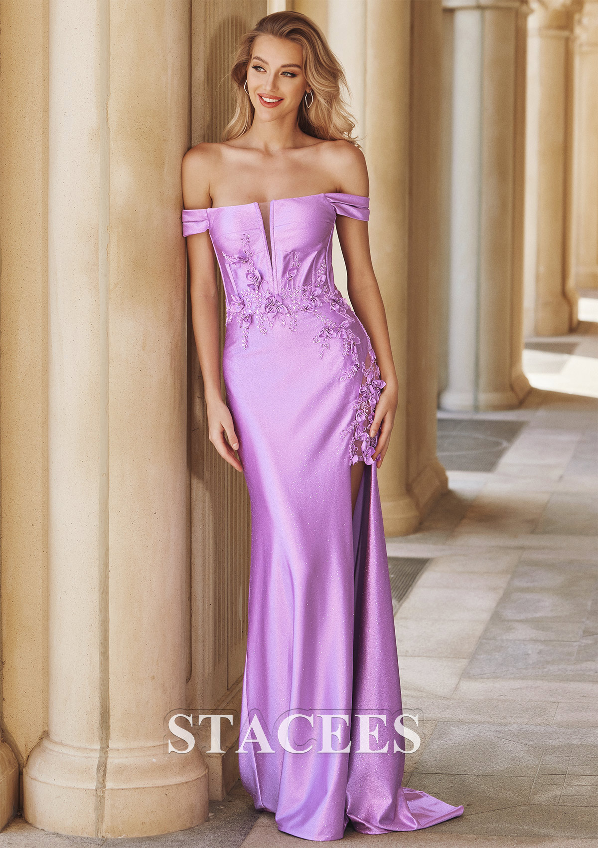 Lilac Trumpet/Mermaid Off-the-Shoulder Short Sleeve Sweep Train Jersey Prom Dress with Beading Sequins Split - STACEES