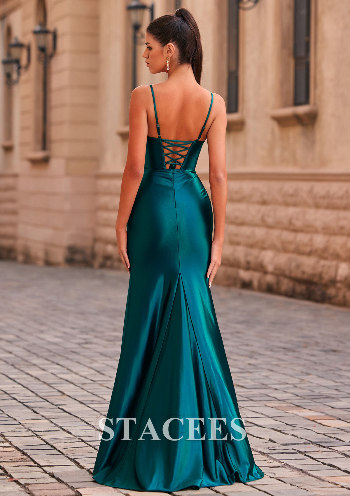 Peacock Corte trompeta/sirena escote redondo seda como el satén hasta el suelo vestido de graduación - STACEES