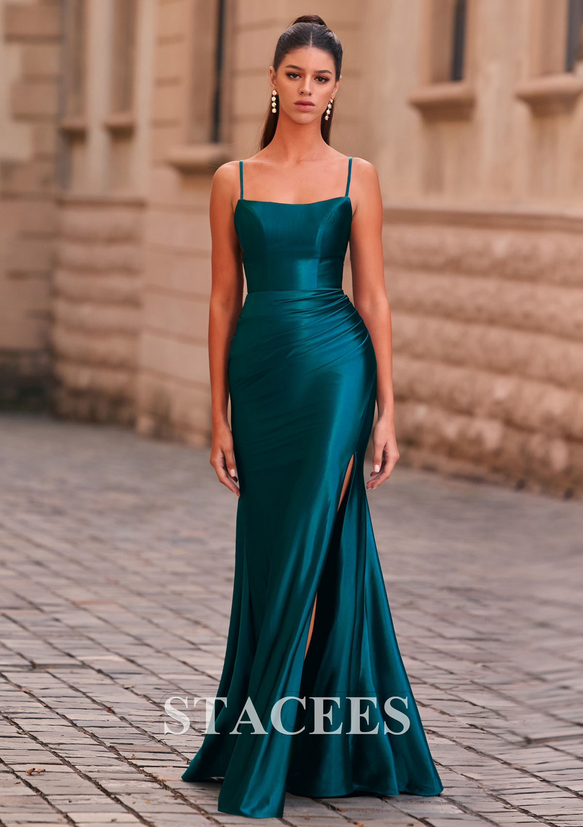 Peacock Corte trompeta/sirena escote redondo seda como el satén hasta el suelo vestido de graduación - STACEES