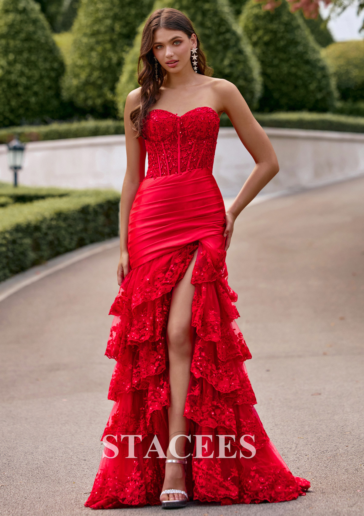 Red Strapless Sequins Lace Tiered Ruffle Mermaid Slit Prom Dress - STACEES