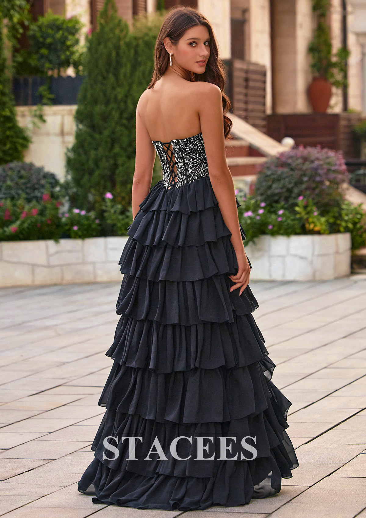 Black Strapless Ruched A-line Hotfix Corset Tiered Ruffle Chiffon Prom Dress with Slit - STACEES