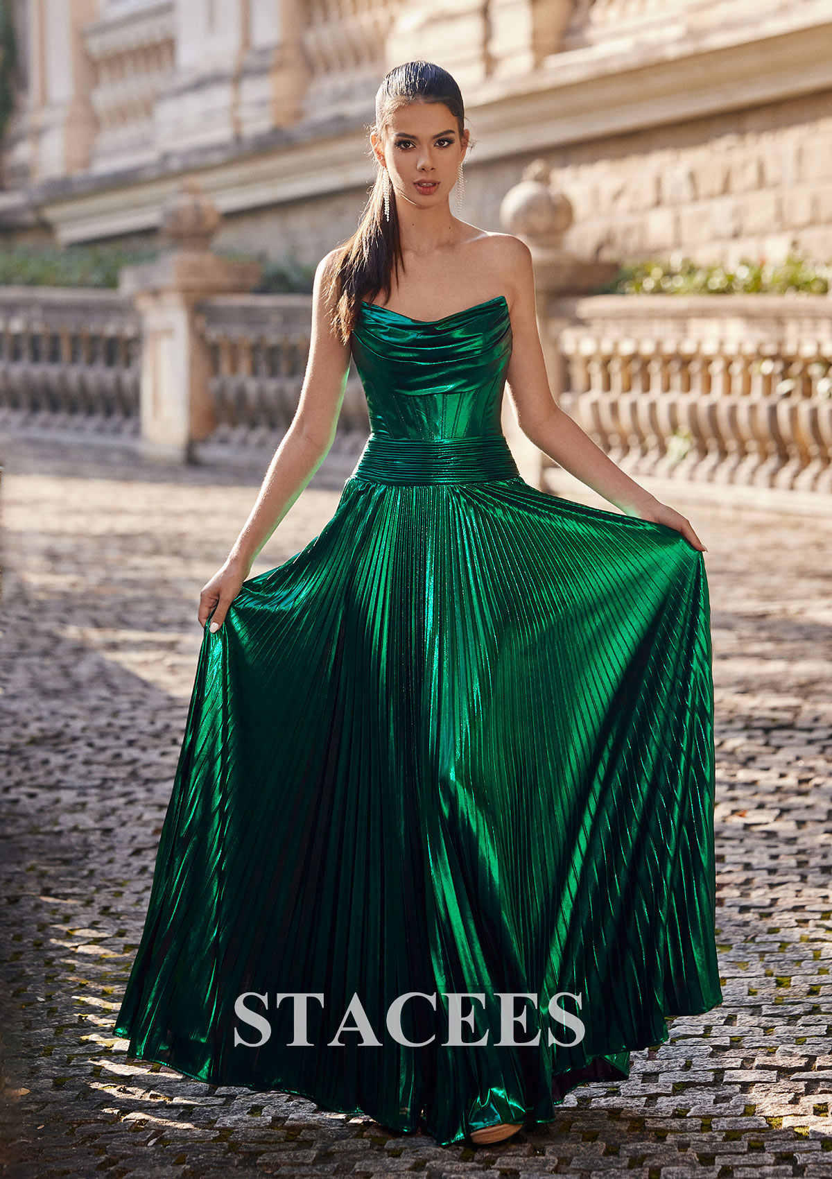 Dark Green A-line Square Neckline Floor-Length Metallic Prom Dress with Pleated - STACEES