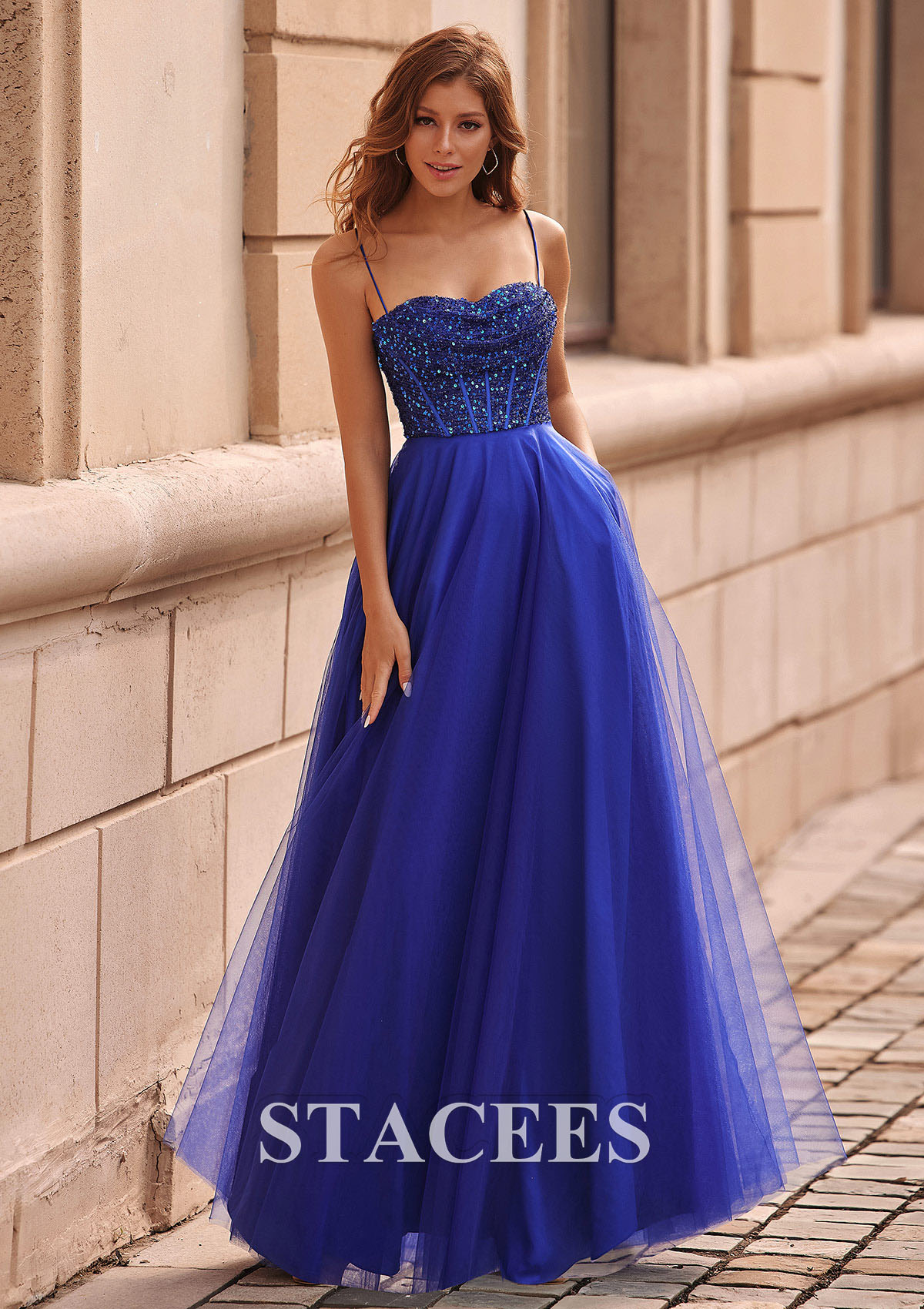 Royal Blue A-line Sweetheart Tulle Floor-Length Prom Dress with Pockets Sequins - STACEES