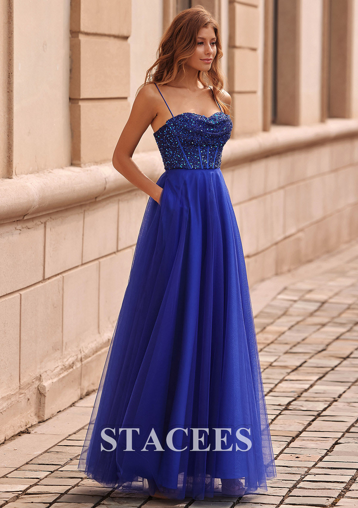 Royal Blue A-line Sweetheart Tulle Floor-Length Prom Dress with Pockets Sequins - STACEES