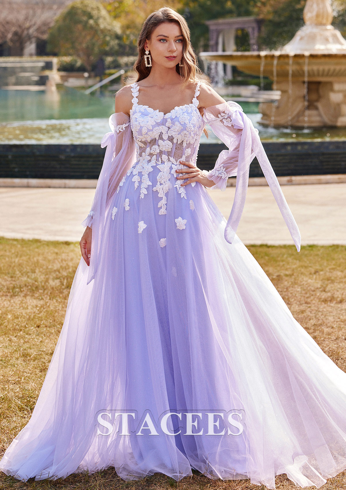 Lavender A-line V Neck Full/Long Sleeve Sweep Train Tulle Prom Dress with Appliqued Beading - STACEES