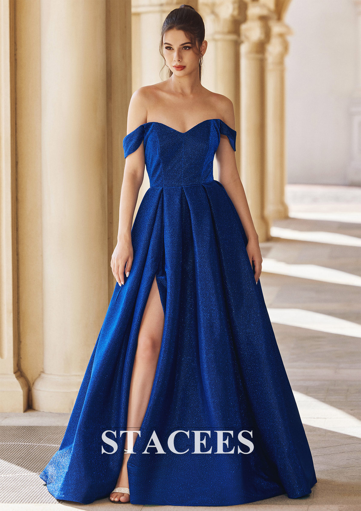 Royal Blue Vestido línea a escote en v hilo metálico barrer tren vestido de graduación - STACEES