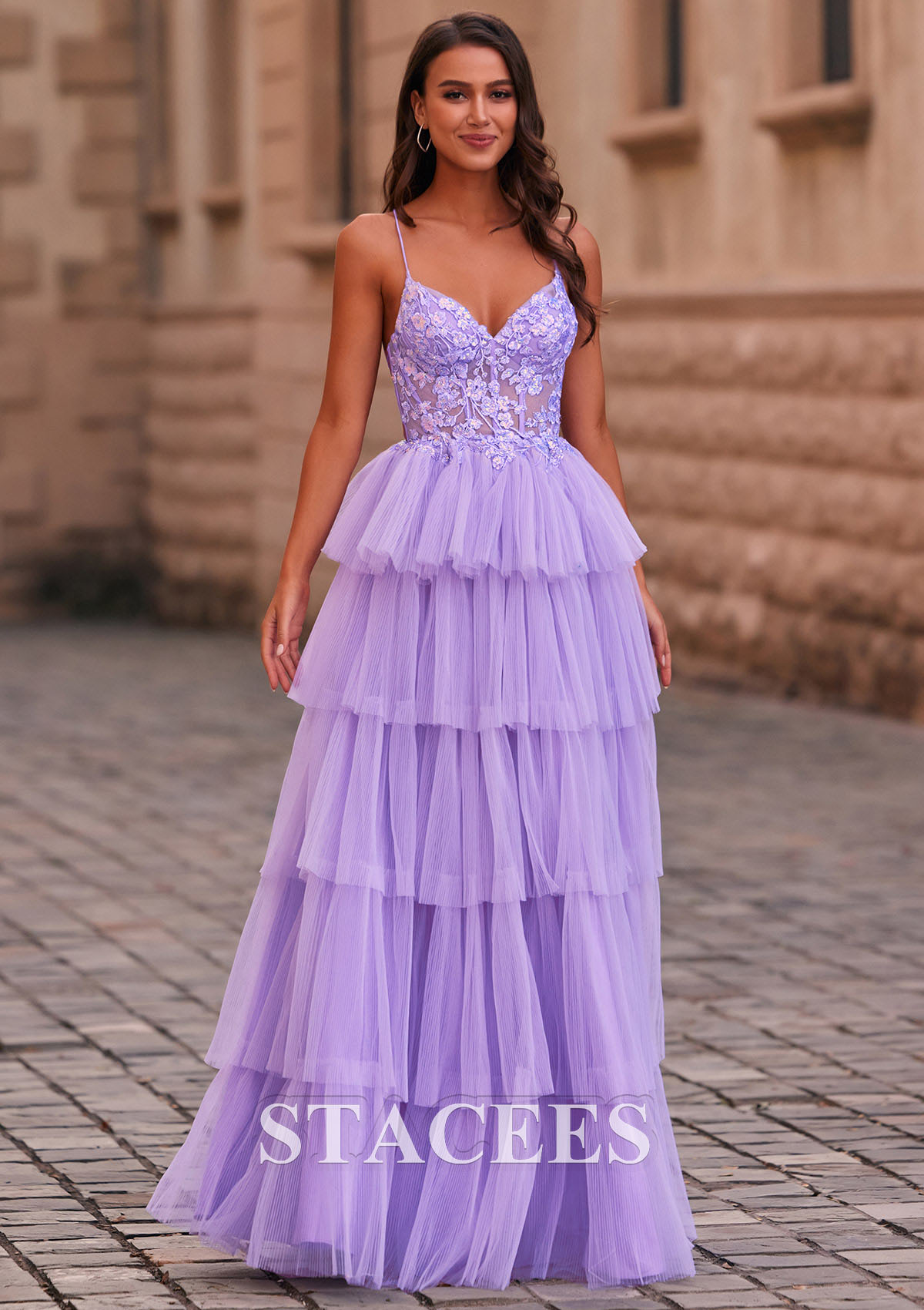 Lilac A-line V Neck Tulle Floor-Length Prom Dress with Appliqued Ruffles Sequins - STACEES