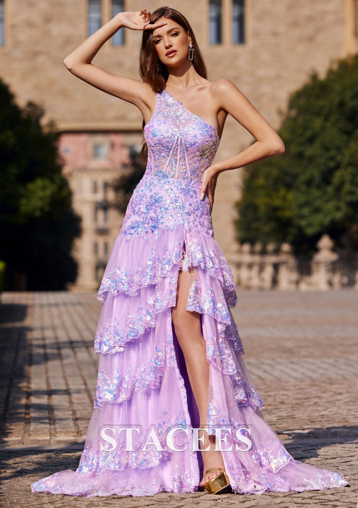 Lila Vestido línea a un hombro lentejuelas tren de la corte vestido de graduación - STACEES