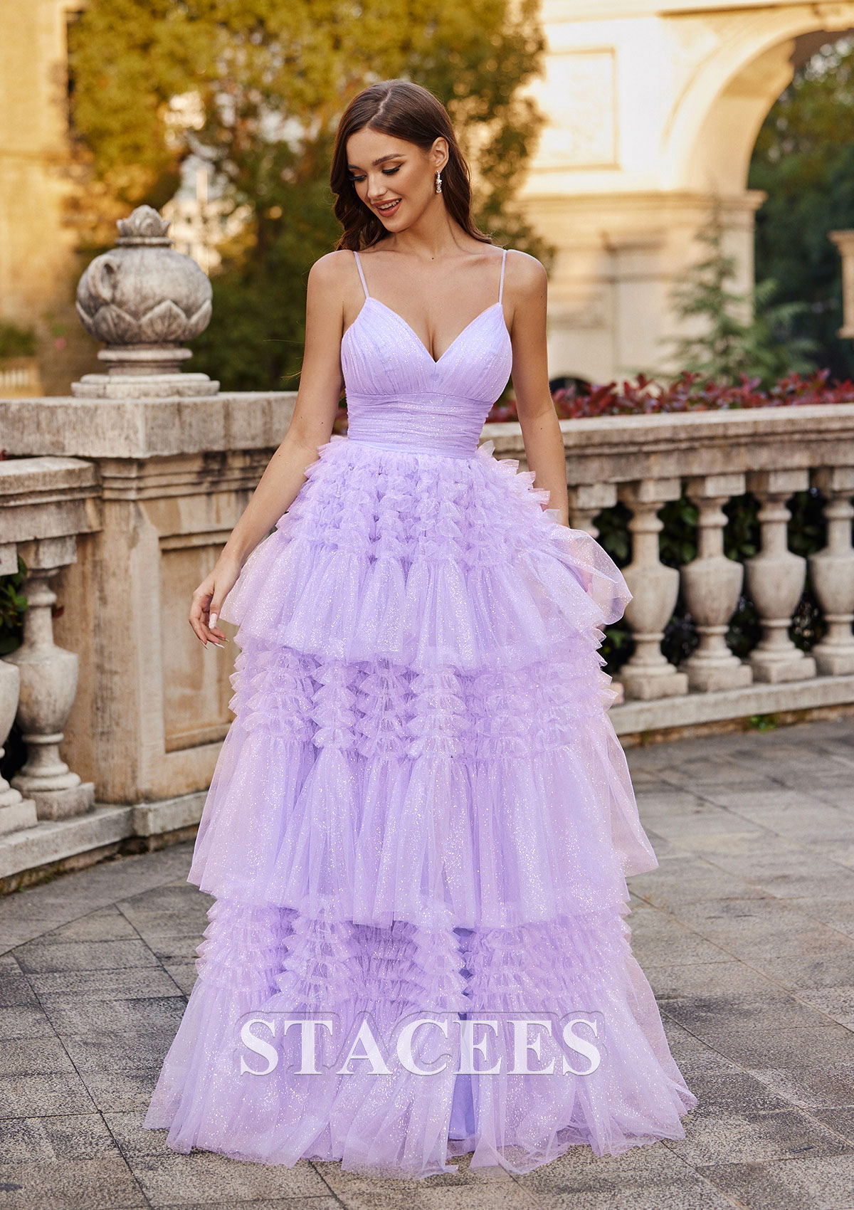 Lavande Robe trapèze princesse col en v glitter ras du sol robe de bal - STACEES