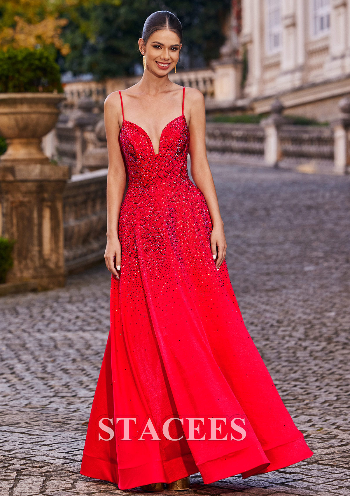 Red A-line Princess V Neck Floor-Length Satin Prom Dress with Beading Pockets - STACEES