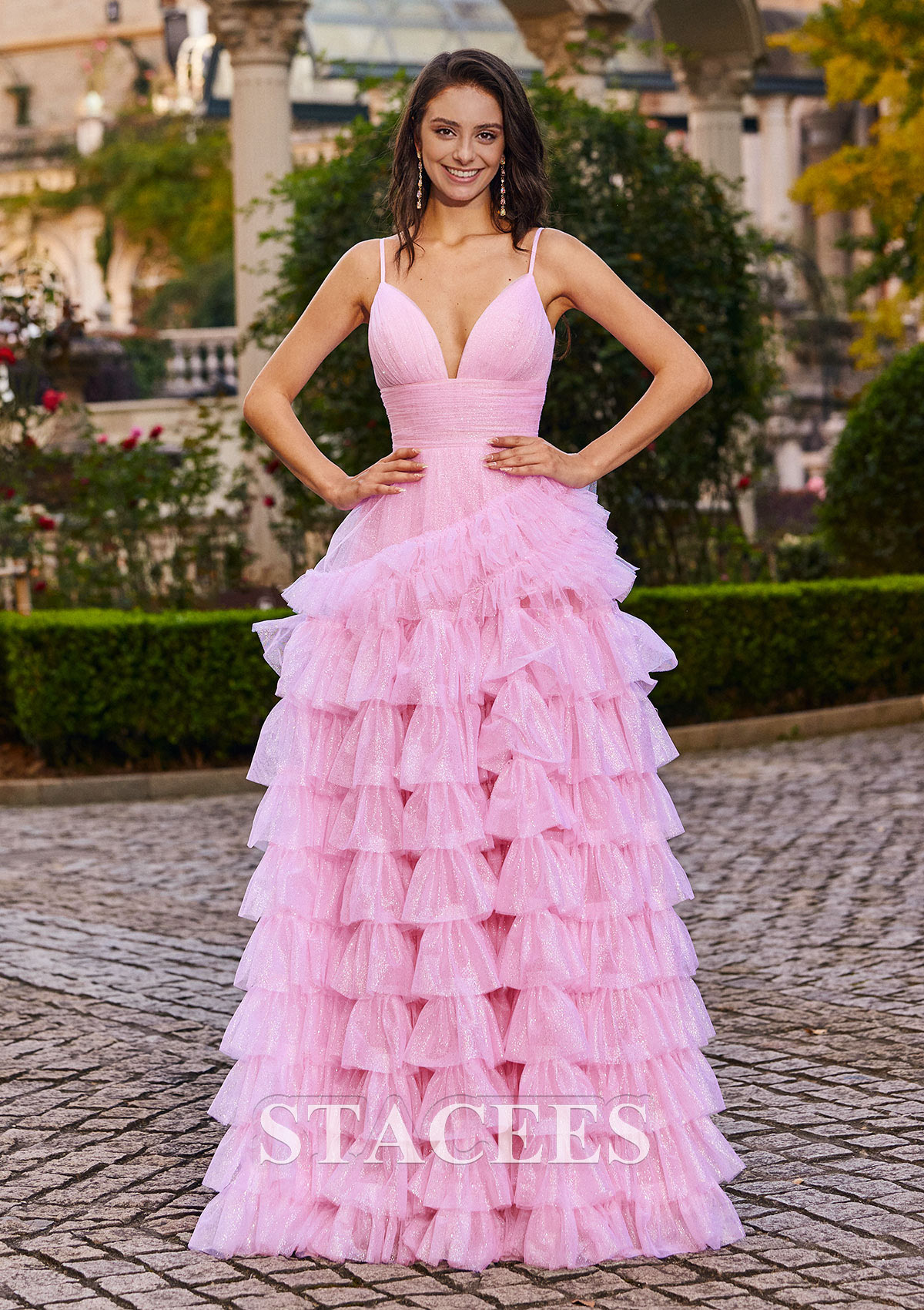 Candy Pink A-line Princess V Neck Floor-Length Tulle Prom Dress with Pleated Ruffles Glitter - STACEES