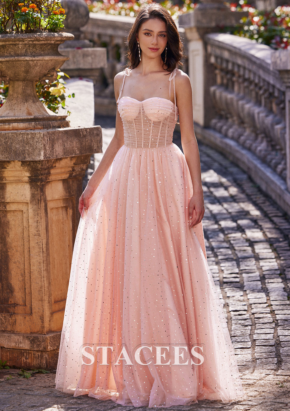 Stacees Prom Dress A-line Floor-Length Tulle Sequins Glitter
