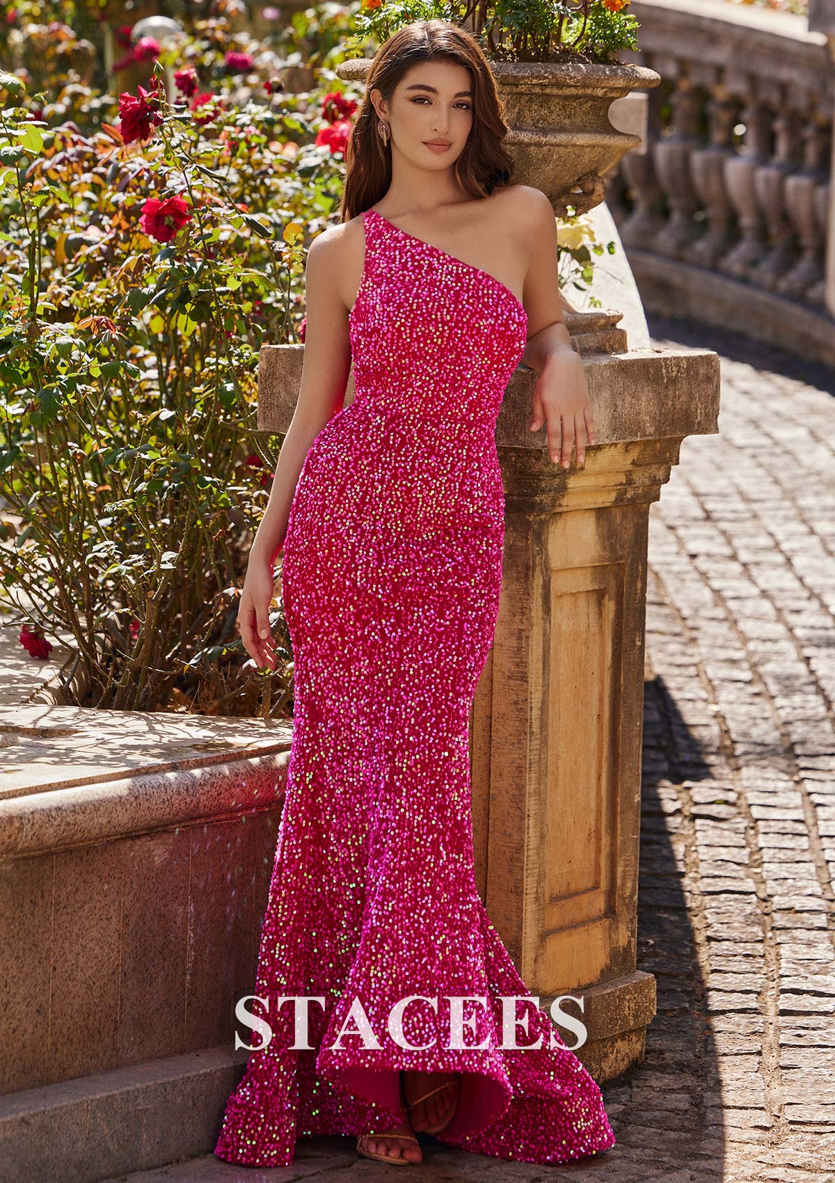 Fuchsia Trumpet/Mermaid One-Shoulder Velvet Sequins Prom Dress - STACEES