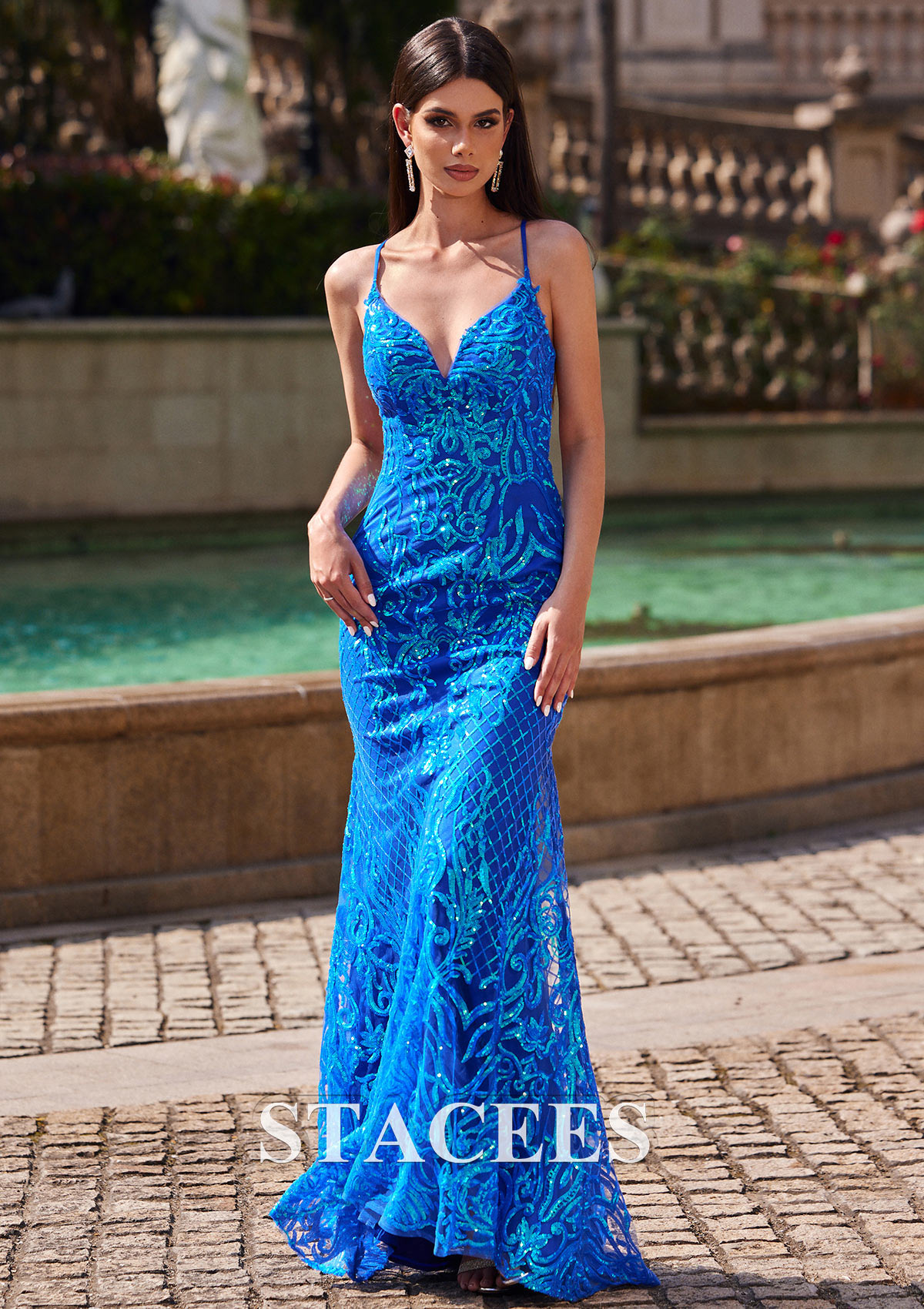 Ocean Blue Trumpet/Mermaid V Neck Sweep Train Sequined Prom Dress with Beading - STACEES