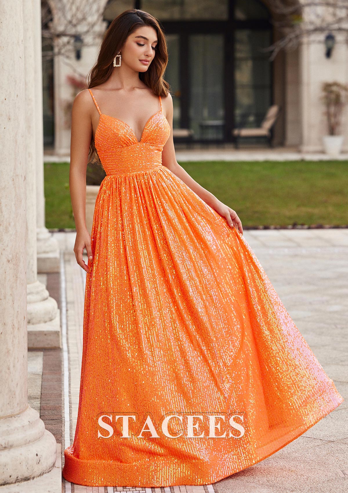 Orange Robe trapèze princesse col en v paillettes ras du sol robe de bal - STACEES