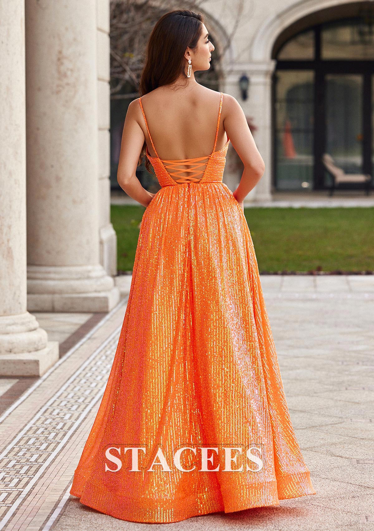 Orange Robe trapèze princesse col en v paillettes ras du sol robe de bal - STACEES