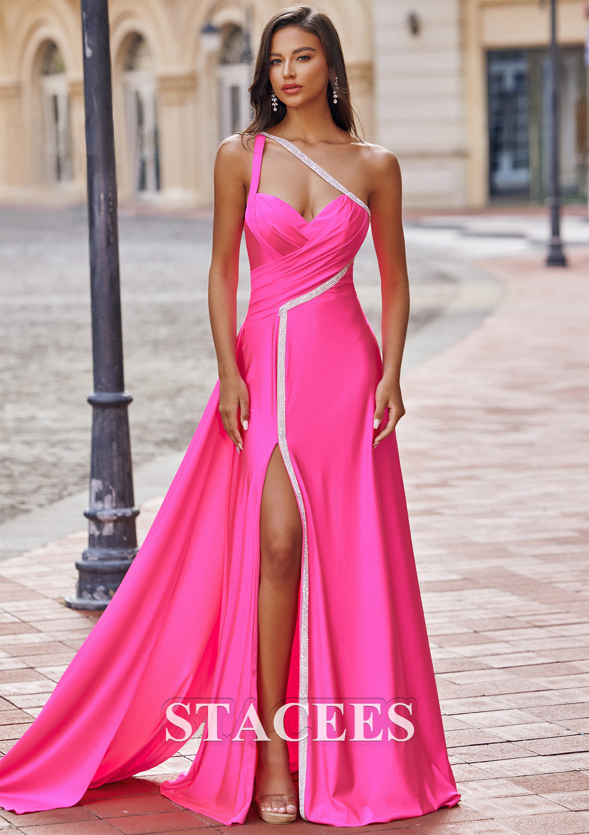 Fuchsia Robe trapèze une épaule jersey traîne balayage robe de bal - STACEES