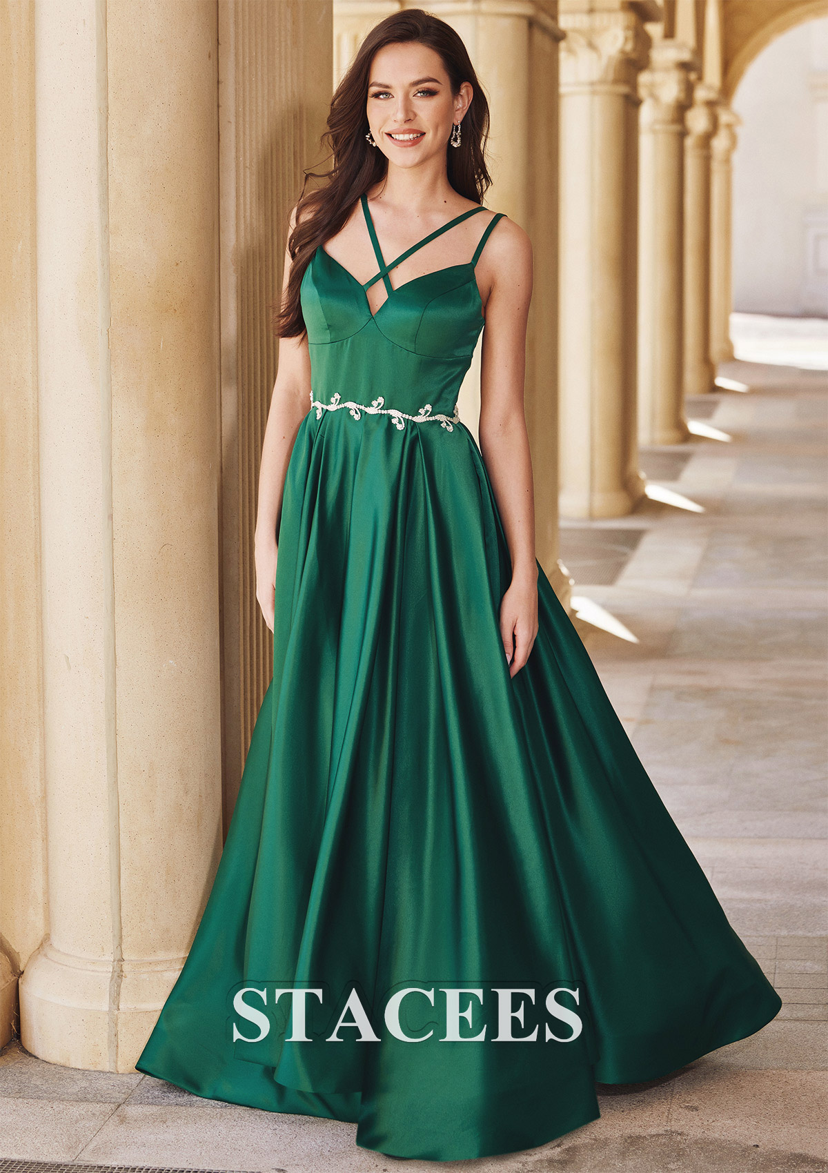 Dark Green A-line V Neck Sleeveless Sweep Train Satin Prom Dress with Waistband Split - STACEES