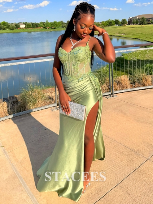 lady prom dress com reviews Fitted Applique V Neck Silk like Satin Corset Slit with Side Draping S8413P - Prom Dresses no-returns:2025-03-09_2027-10-11